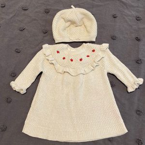 Janie and Jack knit dress in cream/ivory with gold thread and matching hat